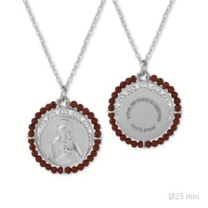 Medalla en Plata de Ley "Sagrado Corazón de Jesús" con granate natural.
