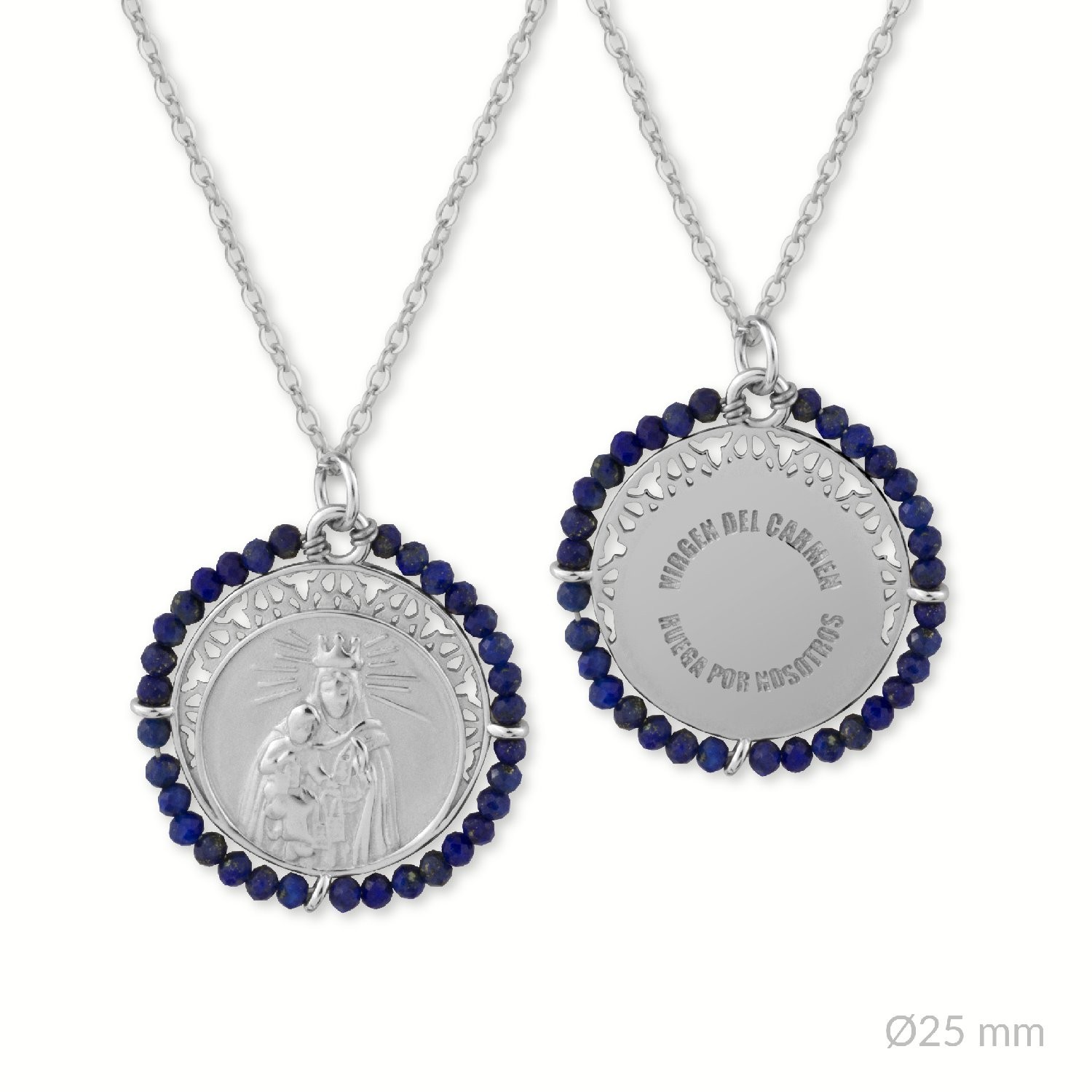 Medalla en Plata de Ley "Virgen del Carmen" con piedra natural Lapislázuli.
